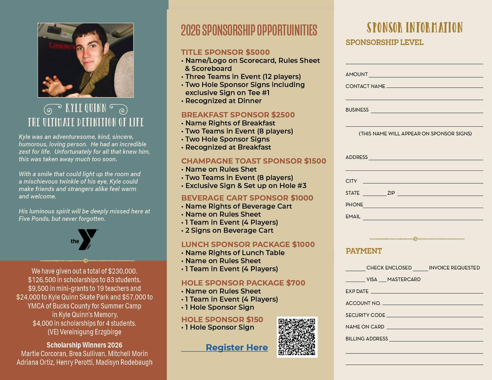 Poster featuring Kyle Quinn memorial on teal panel, with his photo and tribute text beside a '2026 Sponsorship Opportunities' section and a sponsor form on light panels.